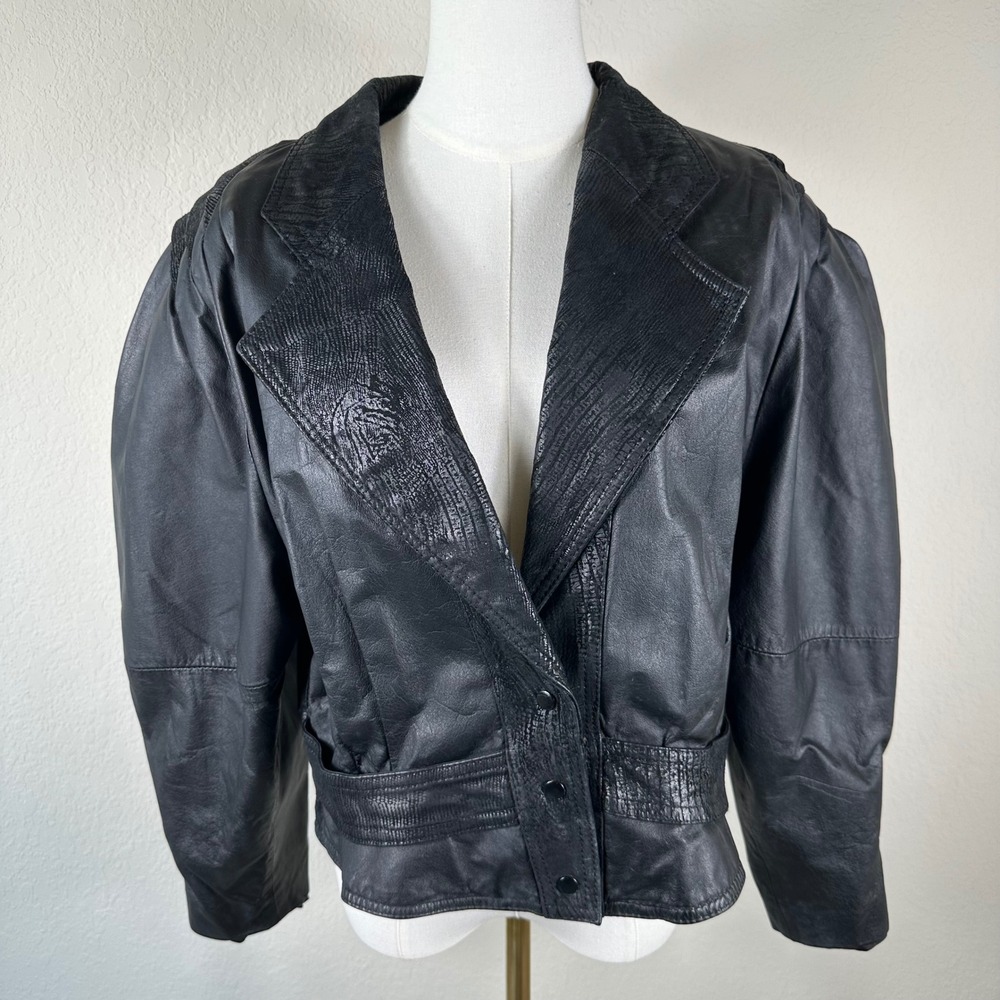 Vtg G-III Leather Jacket Womens L Black Puff Shoulder Textured Embossed Crop 80s